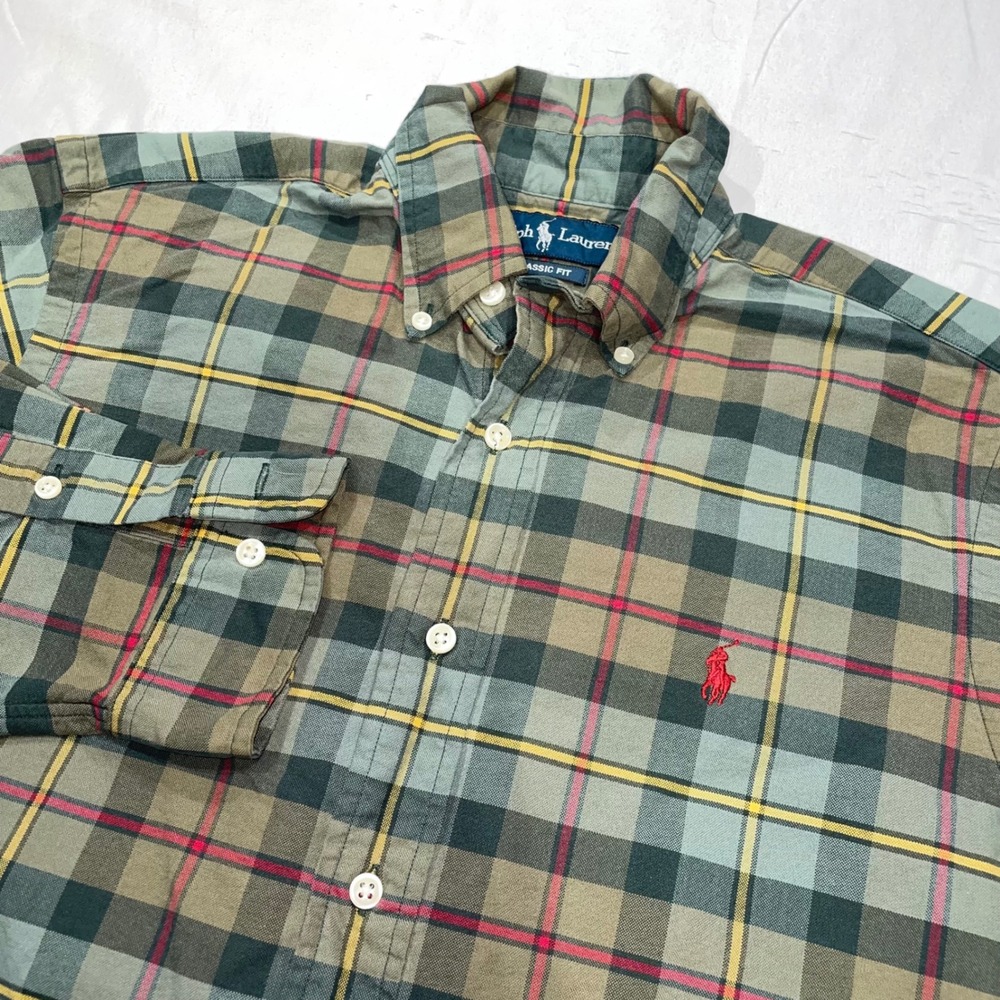 Ralph Lauren‎ Classic Fit Mens Small Plaid Button Down Shirt Green Grey Cotton
